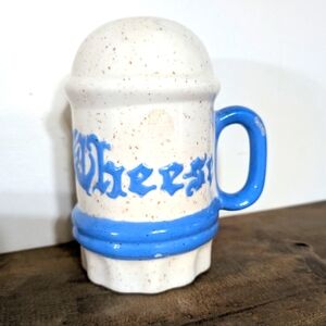 Vintage Parmesan Cheese Shaker Speckled White Blue Ceramic Handle Cottagecore